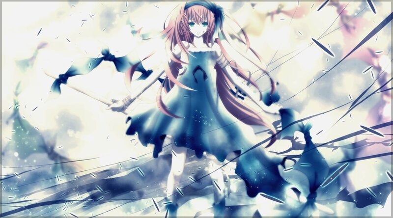 Anime Girl with Long Hair — Blue, Dramatic, Sword, Dress