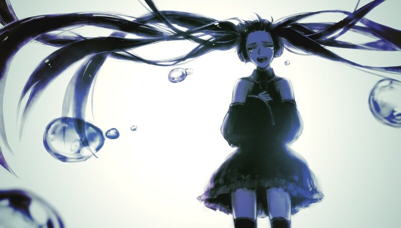 Anime Girl with Long Hair — Blue, Dreamy, Digital Art, Bubbles