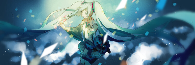 Anime Girl with Long Hair — Blue, Dreamy, Digital Art, Confetti