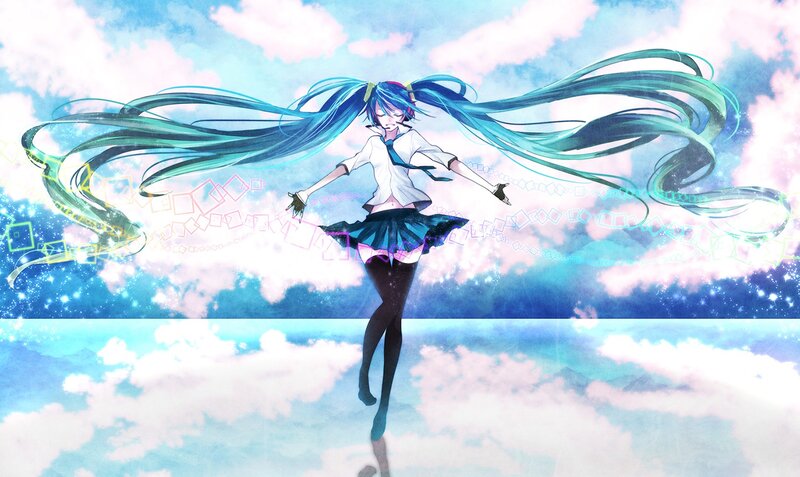 Anime Girl with Long Hair — Blue, Dreamy, Digital Art, School Uniform, Clouds