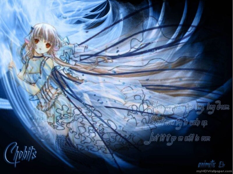 Anime Girl with Long Hair — Blue, Dreamy, Digital Art, Text