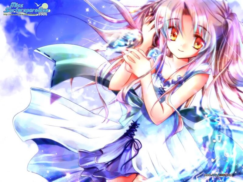 Anime Girl with Long Hair — Blue, Dreamy, Music Notes