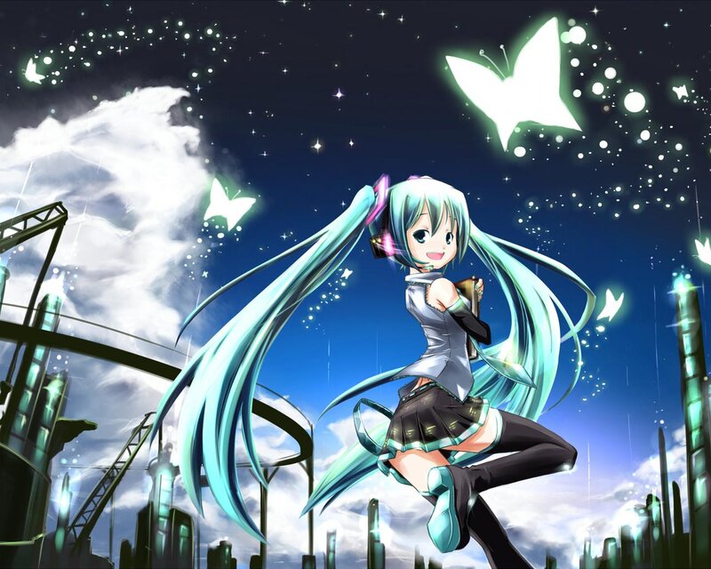 Anime Girl with Long Hair — Blue, Dreamy, Night, Digital Art, Butterflies, Cityscape