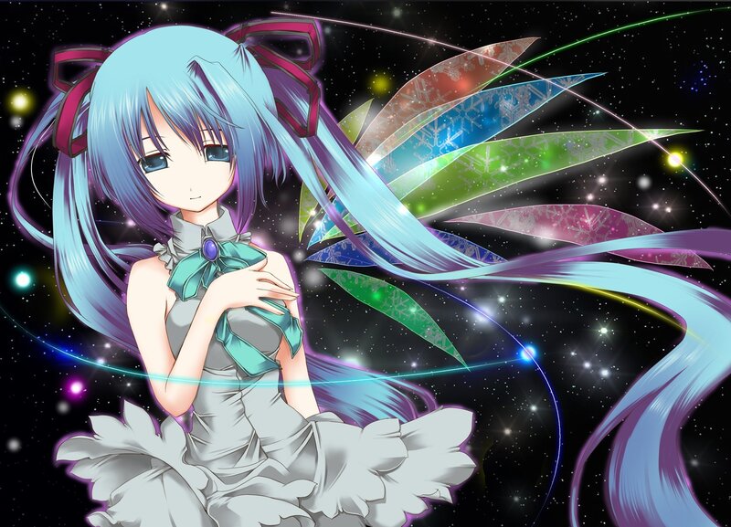 Anime Girl with Long Hair — Blue, Dreamy, Night, Digital Art, Stars, Colorful Ribbons
