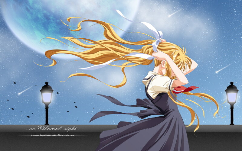 Anime Girl with Long Hair — Blue, Dreamy, Night, Moon