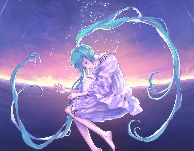 Anime Girl with Long Hair — Blue, Dreamy, Sunset