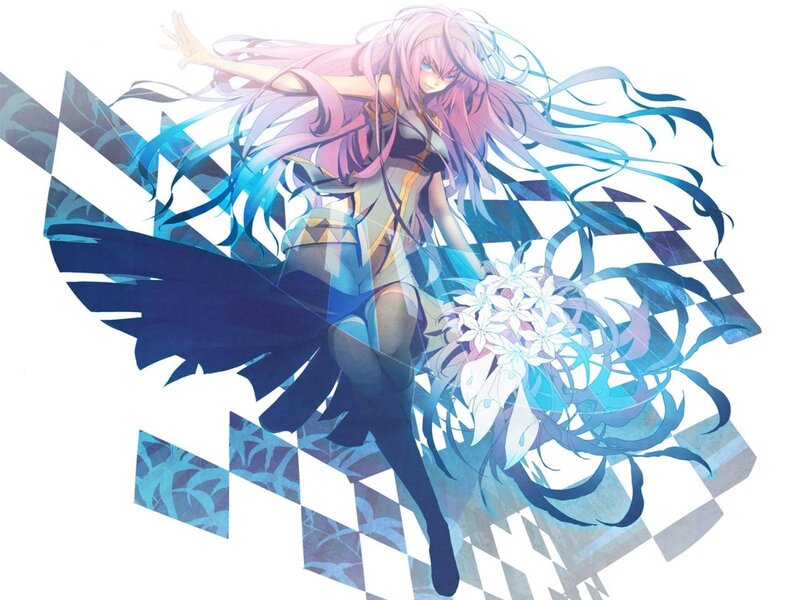 Anime Girl with Long Hair — Blue, Dynamic, Digital Art, Flowers