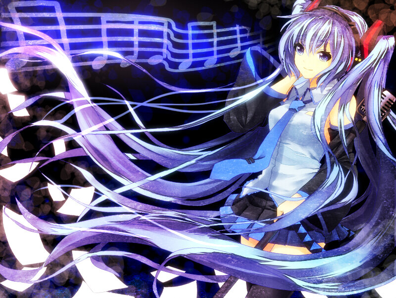 Anime Girl with Long Hair — Blue, Dynamic, Digital Art, Music Notes