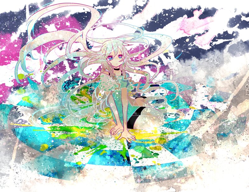 Anime Girl with Long Hair — Blue, Dynamic, Digital Art, Splatter
