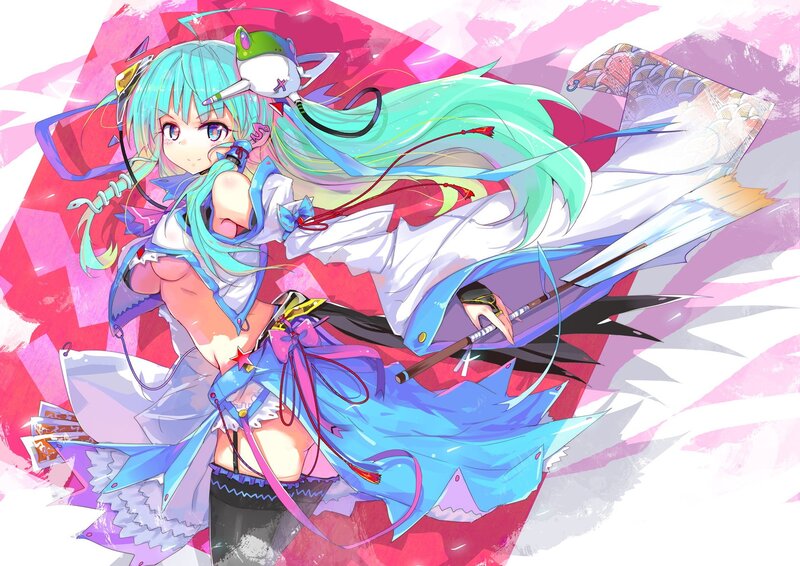 Anime Girl with Long Hair — Blue, Dynamic, Digital Art, Sword, Kite