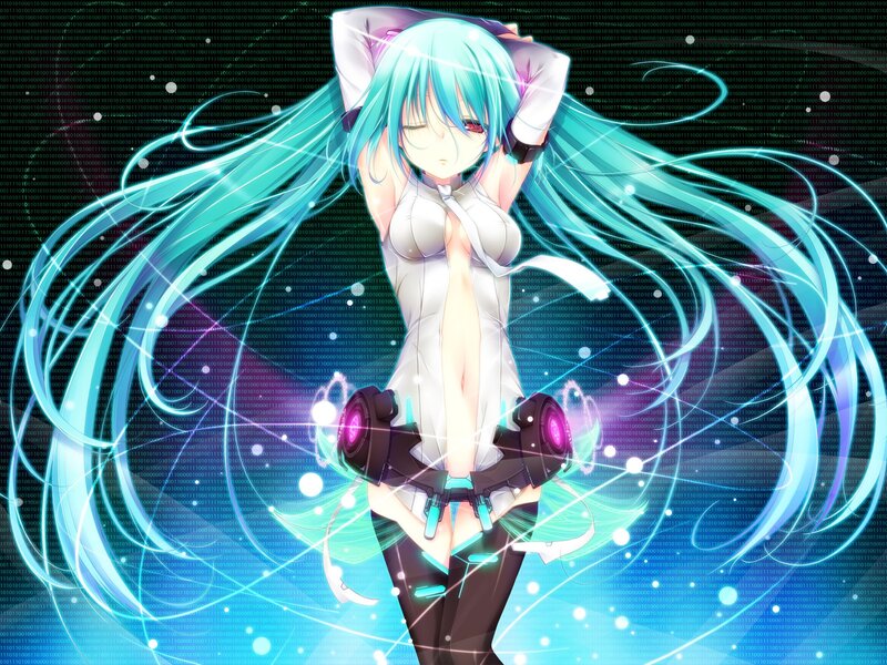 Anime Girl with Long Hair — Blue, Energetic, Digital Art, Binary Code, Glowing Lines, Headphones, White, Black