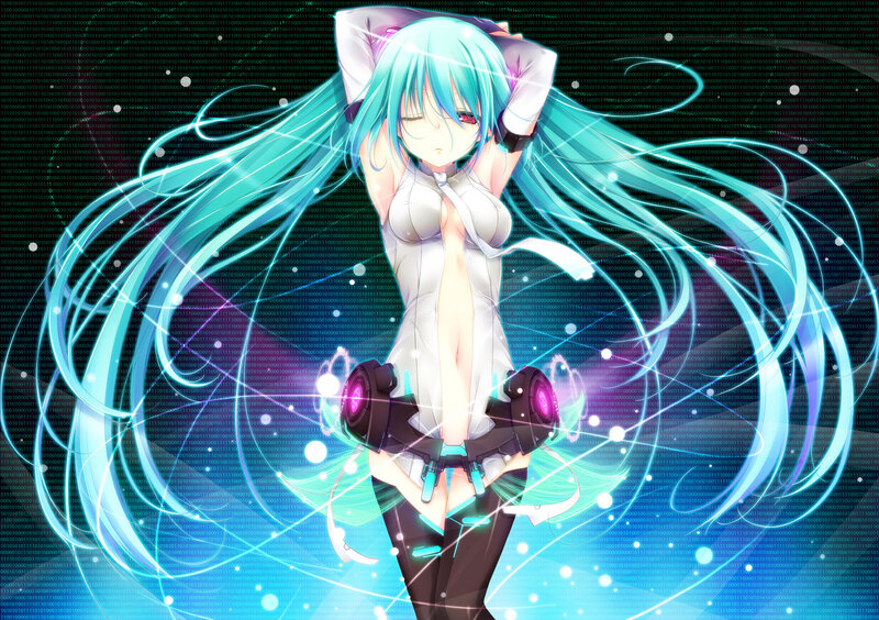Anime Girl with Long Hair — Blue, Energetic, Digital Art, Binary Code