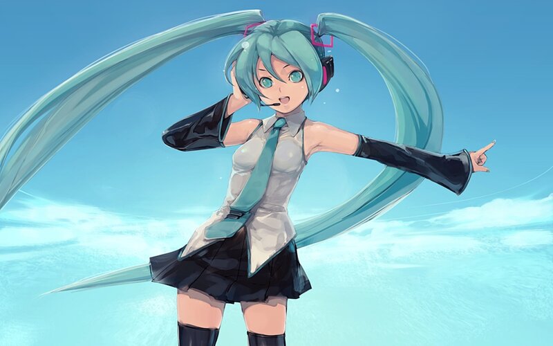 Anime Girl with Long Hair — Blue, Energetic, Digital Art, Microphone