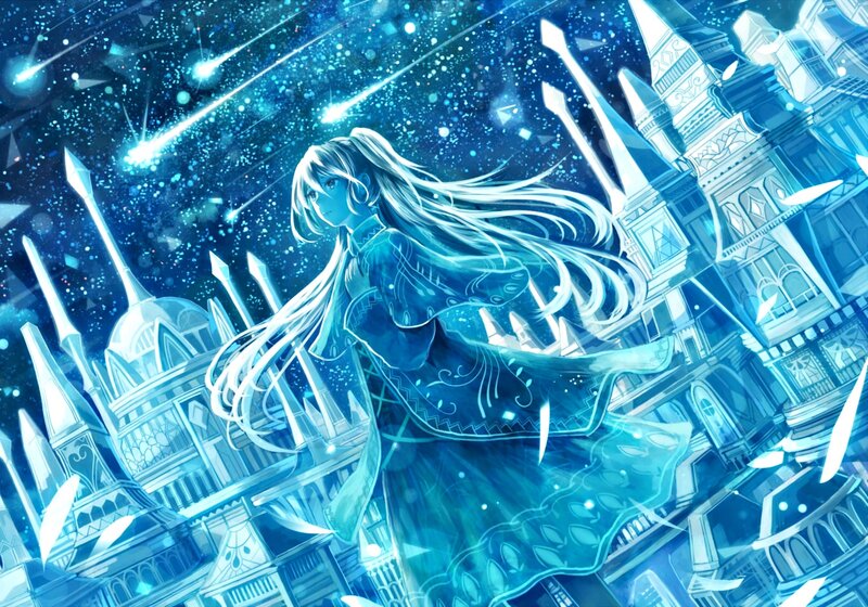 Anime Girl with Long Hair — Blue, Fantasy, Night