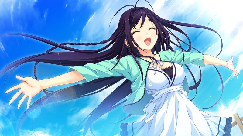 Anime Girl with Long Hair — Blue, Joyful, Afternoon