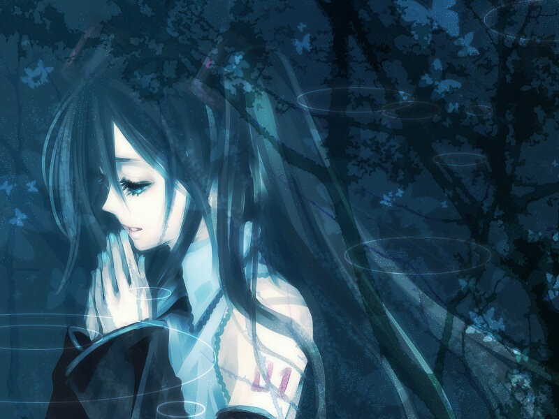 Anime Girl with Long Hair — Blue, Melancholic, Night