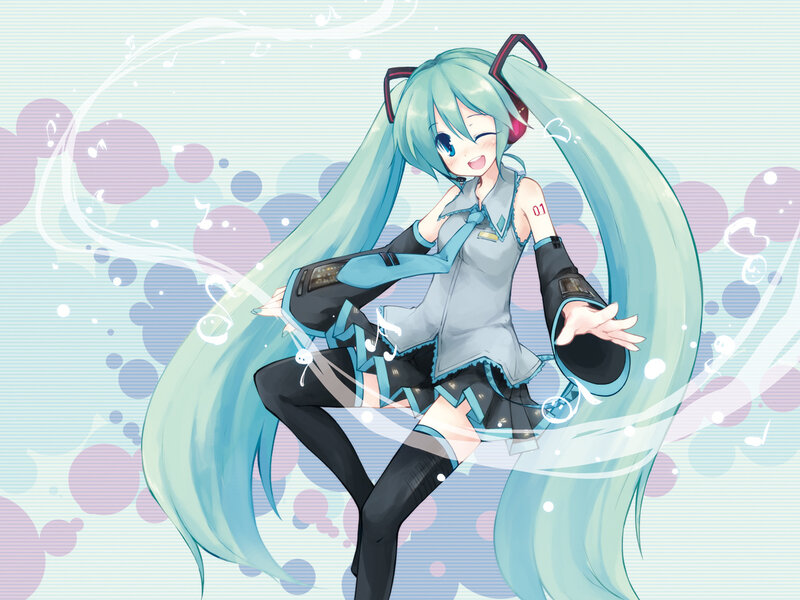 Anime Girl with Long Hair — Blue, Playful, Headphones, Music Notes
