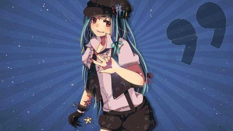 Anime Girl with Long Hair — Blue, Playful, Night, Hat