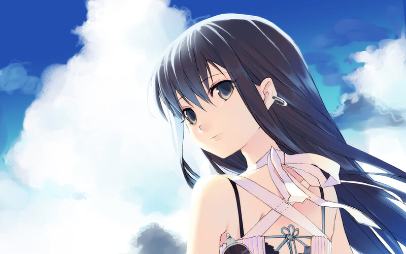 Anime Girl with Long Hair — Blue, Serene, Afternoon, Clouds, Sky
