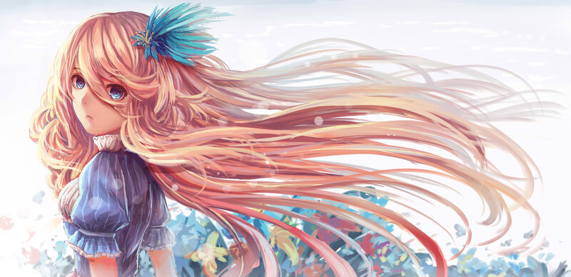 Anime Girl with Long Hair — Blue, Serene, Afternoon, Digital Art, Feather