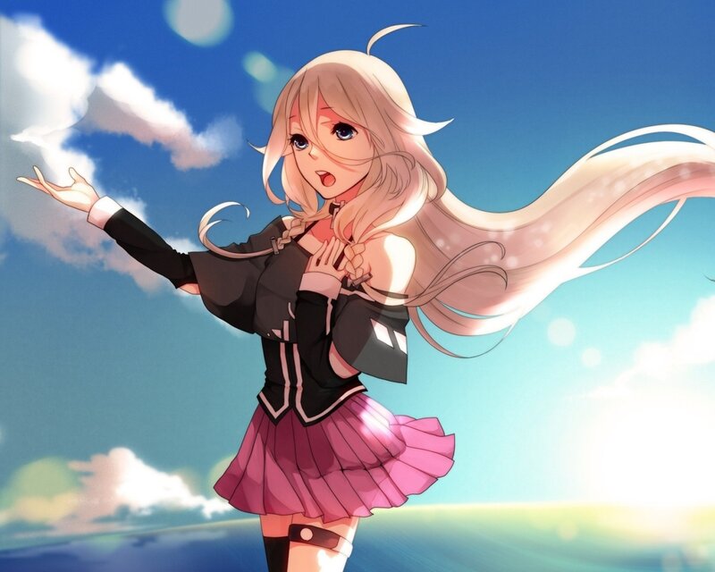 Anime Girl with Long Hair — Blue, Serene, Afternoon, Digital Art, Sky, Clouds