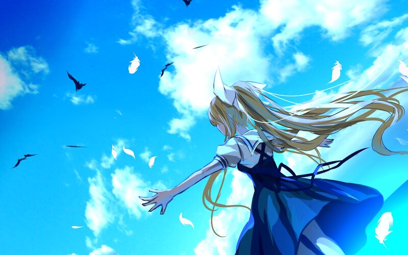 Anime Girl with Long Hair — Blue, Serene, Afternoon, Feathers
