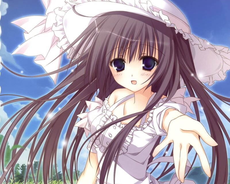 Anime Girl with Long Hair — Blue, Serene, Afternoon, Hat