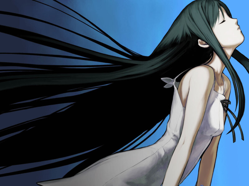 Anime Girl with Long Hair — Blue, Serene, Afternoon, Long Black Hair, White Dress