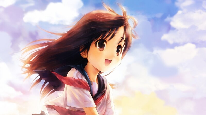 Anime Girl with Long Hair — Blue, Serene, Afternoon, School Uniform, Sky