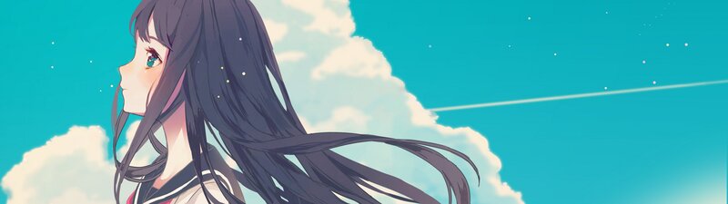 Anime Girl with Long Hair — Blue, Serene, Afternoon, Sky, Clouds, Airplane Trail