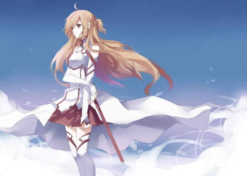 Anime Girl with Long Hair — Blue, Serene, Afternoon, Sword, Clouds