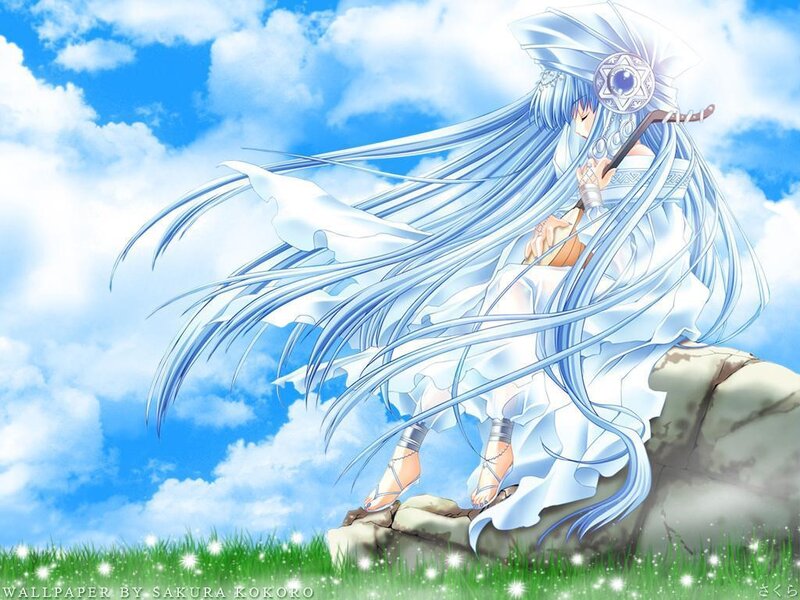 Anime Girl with Long Hair — Blue, Serene, Afternoon, Sword