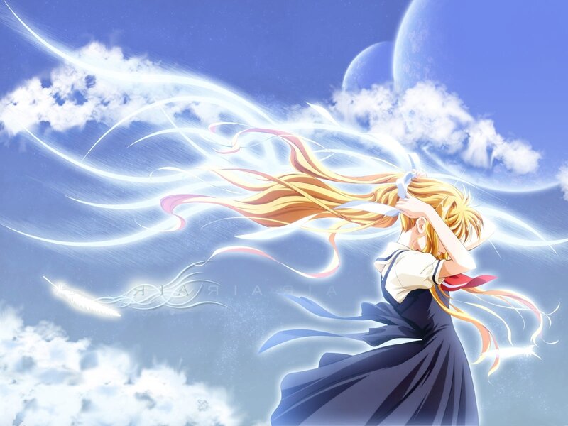 Anime Girl with Long Hair — Blue, Serene, Clouds, Planets
