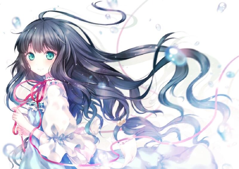 Anime Girl with Long Hair — Blue, Serene, Digital Art, Bubbles