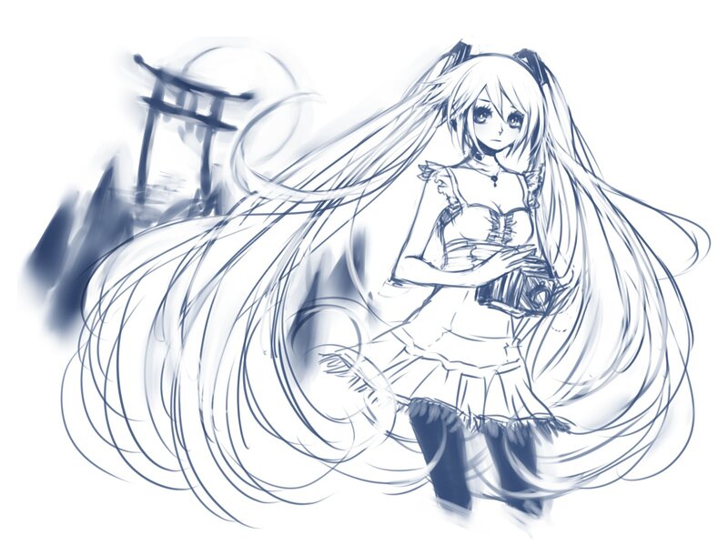 Anime Girl with Long Hair — Blue, Serene, Digital Art, Camera