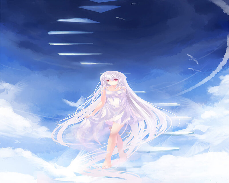 Anime Girl with Long Hair — Blue, Serene, Digital Art, Clouds