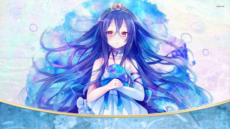 Anime Girl with Long Hair — Blue, Serene, Digital Art, Crown, Dress, Bubbles