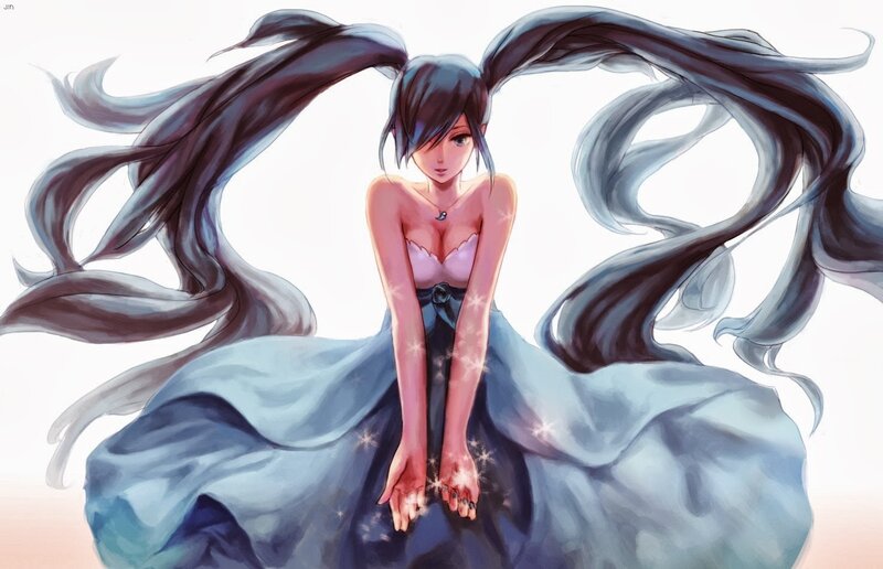 Anime Girl with Long Hair — Blue, Serene, Digital Art, Dress, Sparkles