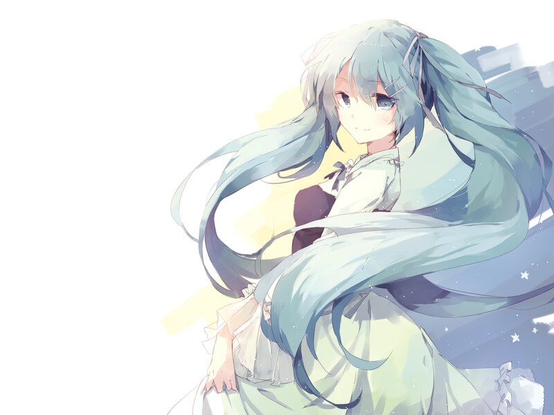 Anime Girl with Long Hair — Blue, Serene, Digital Art, Long Hair, Dress, Stars