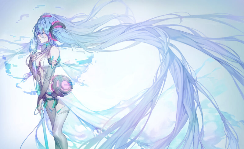 Anime Girl with Long Hair — Blue, Serene, Digital Art, Microphone