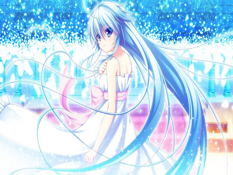 Anime Girl with Long Hair — Blue, Serene, Dress, Long Hair