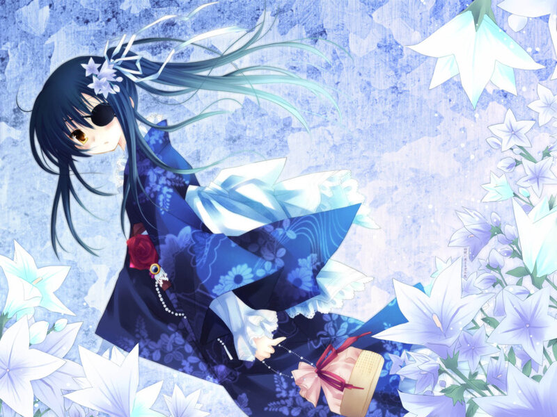 Anime Girl with Long Hair — Blue, Serene, Flowers