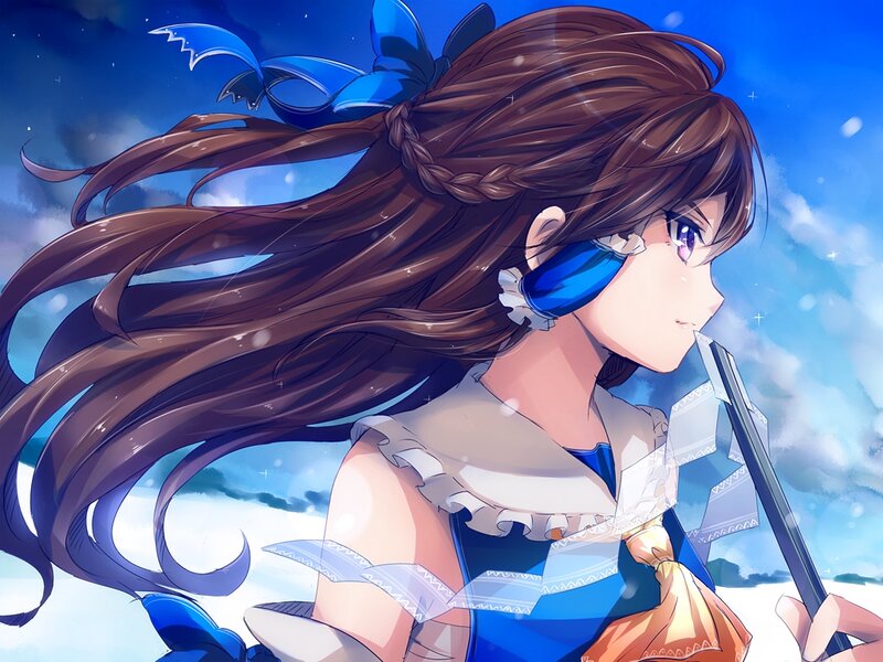 Anime Girl with Long Hair — Blue, Serene, Night, Blue Bow