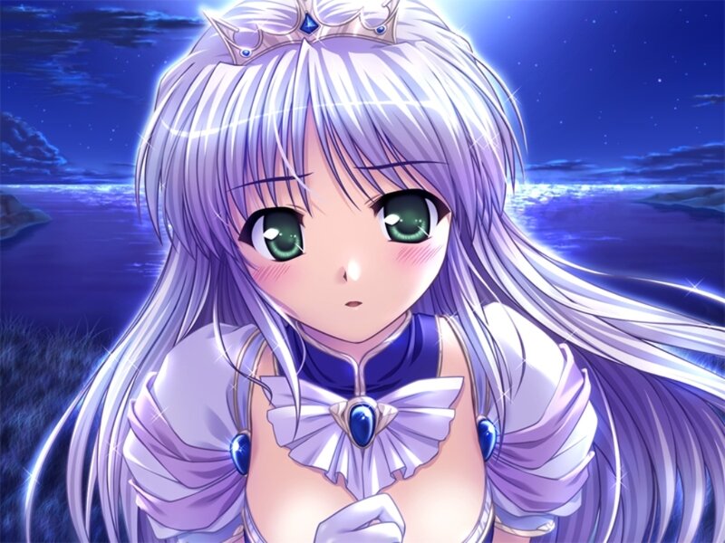 Anime Girl with Long Hair — Blue, Serene, Night, Crown