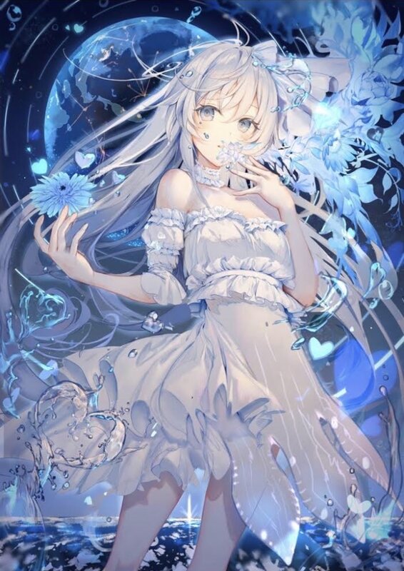 Anime Girl with Long Hair — Blue, Serene, Night, Digital Art, Flowers, Moon, Water