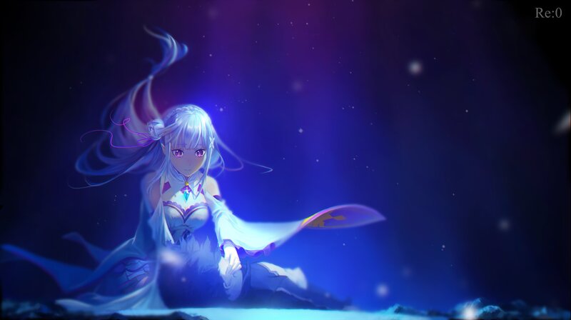 Anime Girl with Long Hair — Blue, Serene, Night, Digital Art, Long Hair, Dress, Sparkles