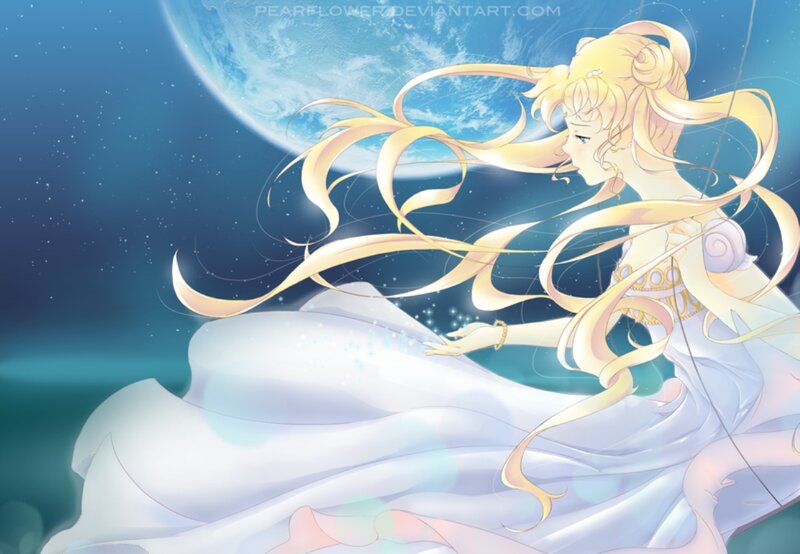 Anime Girl with Long Hair — Blue, Serene, Night, Digital Art, Moon, Stars, Dress