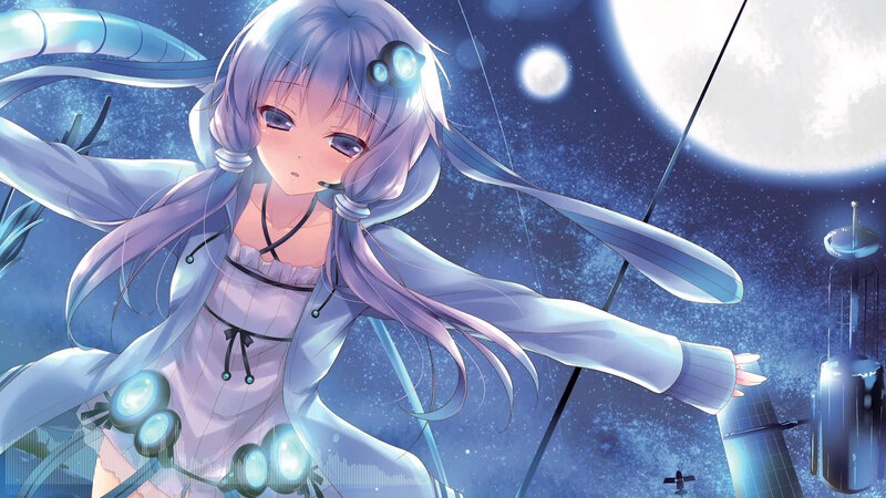 Anime Girl with Long Hair — Blue, Serene, Night, Digital Art, Moon, Stars, Space Station