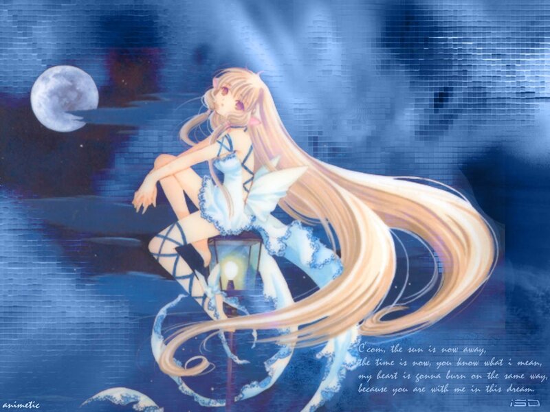 Anime Girl with Long Hair — Blue, Serene, Night, Moon, Lantern