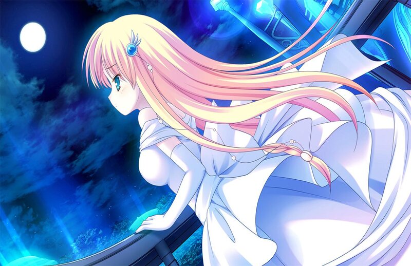 Anime Girl with Long Hair — Blue, Serene, Night, Moon, Night Sky